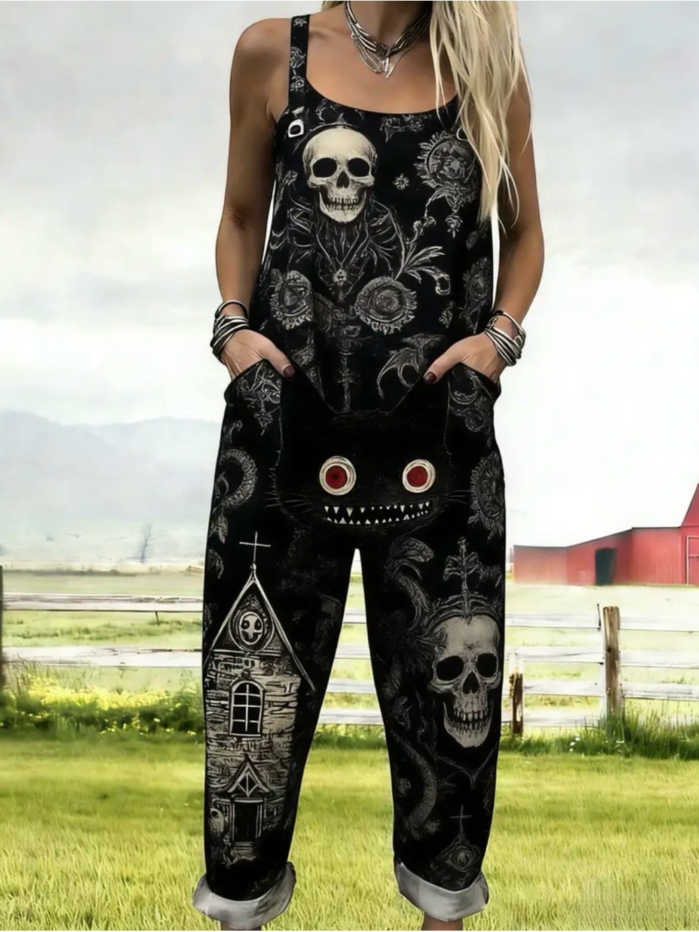 Skull Print Black Women's Jumpsuit